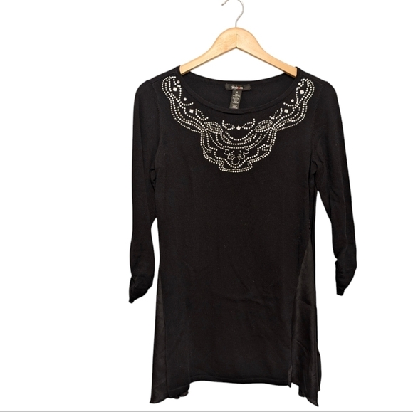 STYLE&CO Beaded Flair Tunic Black White Soft Embellished Twirl Long Top Small - Picture 3 of 11